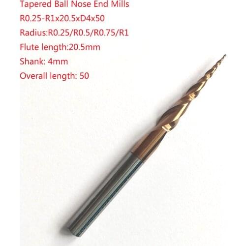 1pc R0.25/R0.5/R0.75/R1x20.5xD4x50 shank 4mm solid carbide tapered endmills CNC engraving milling cutters