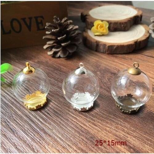10sets/lot golden 25*15mm round ball glass globe glass global & crown base & cap& necklace set glass vial pendant glass cover