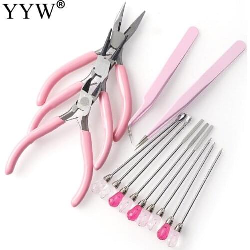 8 Style Pink Color Jewelry Making Tool Sets Kits Round Nose Plier Side Tweezers Mix Needle Spoon Tool Sets Diy Jewelry Making