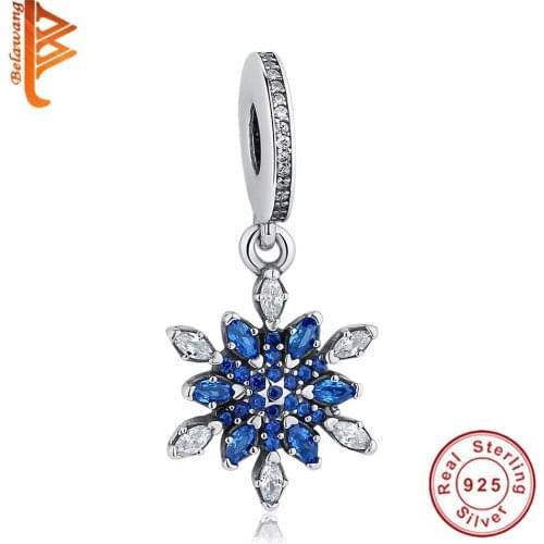 Authentic 925 Sterling Silver Round Blue Crystal Flower DIY Charm Fit BW Beads Bracelet For Women Making Jewelry Gifts