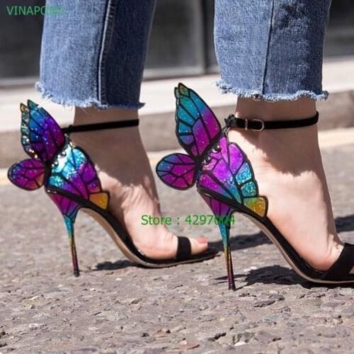 Fashion Butterfly Wings Woman Sandals Shoes New Summer Colorful Ankle Strap Stiletto Heel Pumps Sandals Female Banquet Heels