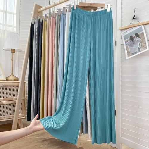 High-Waisted Thin Ice Silk Pleated Wide-Leg Pants Womens Summer Loose Vertical Feeling Mopping Straight-Leg Casual Pants
