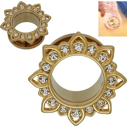 Showlove-2Pcs Surgical Steel Gold Flower Screw Fit Gauge Ear Plugs Flesh Tunnel Piercing Earrings Expander Hollow Body Jewelry