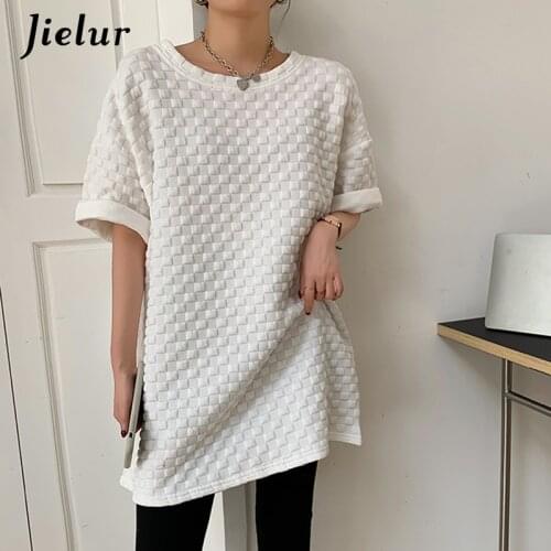 Jielur New Summer Casual Womens T-shirt Square Lattice Loose Tees Shirt Short Sleeve Black White T-shirts Tops Clothes M-XL