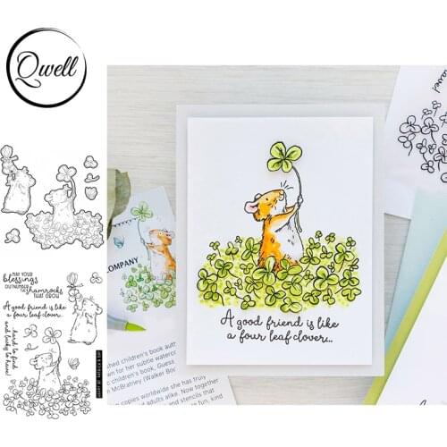 QWELL Mice Four Leaf Clover Cutting Dies & Stamps Set May Your Blessings Words DIY Scrapbooking Craft Cards Paper Album 2021