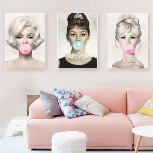Audrey Hepburn Bubble Gum Stars Wall Art Nordic Canvas Fashion Brigitte Girls Room Posters Prints Painting Pictures Home Decor