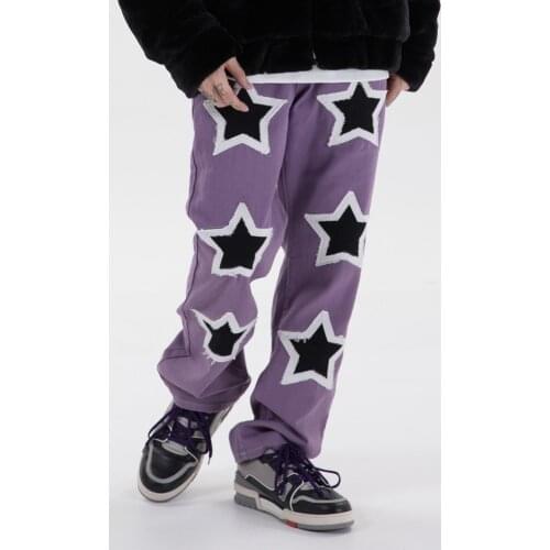 Embroidery Stars Frayed Jeans Pants Men and Women Streetwear Washed Retro y2k Pants Punk Goth Denim Trousers Hip Hop Baggy Pants