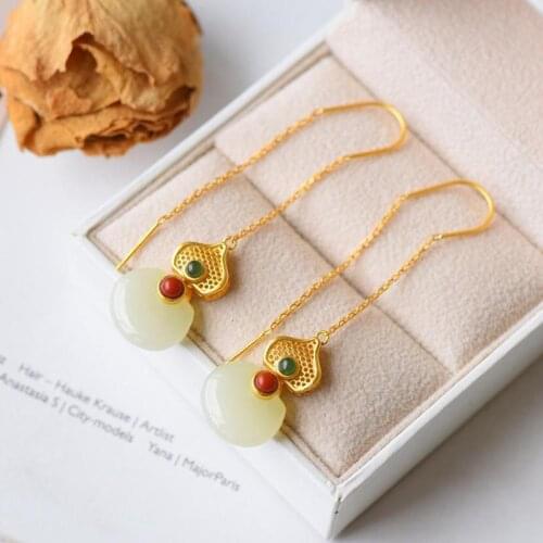 S925 Sterling Silver Ruyi Gourd Hanging Earrings Natural Hetian Jade White Jade Earrings Fashion Retro Chinese Style Elegant