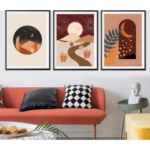 Celestes Terracotta Painting Moon Stars Retro Poster Boho Decor Mid Century Wall Art Pictures Canvas Print Living Room Decor