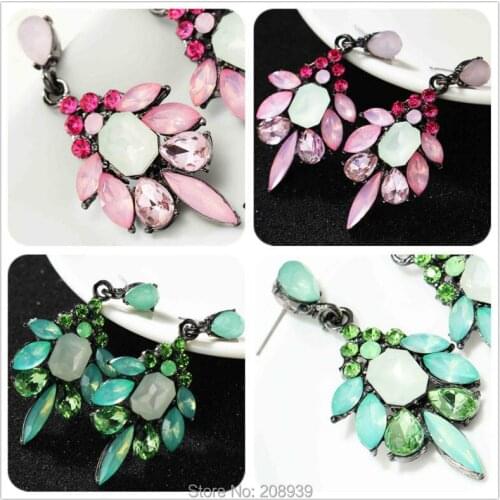 Gorgeous HOOP Womens fashion Pink/Green earrings New arrival brand sweet metal with gems stud crystal earring for women girls