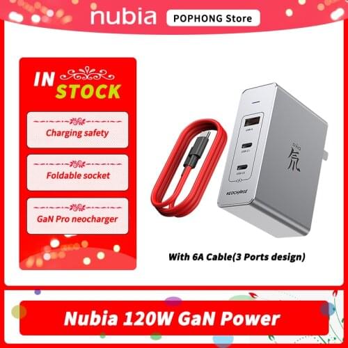 Nubia Dao Feng Charger Nubia 120W GaN Power Adapter Nubia GaN Pro 120W Triple-Ports Charger 6A Date Cable