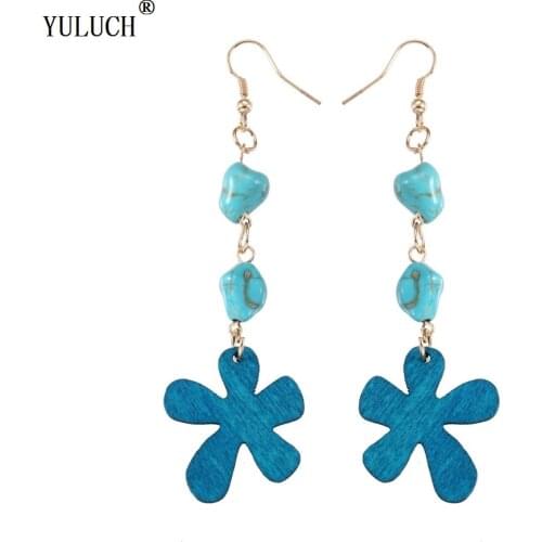 YULUCH 2018 natural wooden handmade plant flower semi-precious stones woman jewelry long earrings