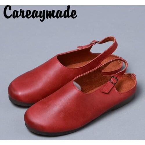 Careaymade-Retro Literary style genuine Leather Womens Shoes,Full-Grain Leather handmade Low Heel Comfortable Sandals