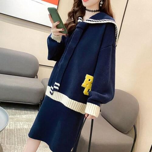 Sailor Collar Knitted Suits Womens Loose Oversized Pullover Sweater And Knit Skirt Two-piece Set Female 2021 Autumn New e101