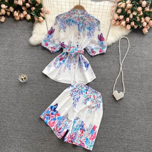 Runway Short Sets for Women Puff Sleeve Single Breasted Floral Shirts and Ladies Shorts 2piece Set Women Matching Sets N58293
