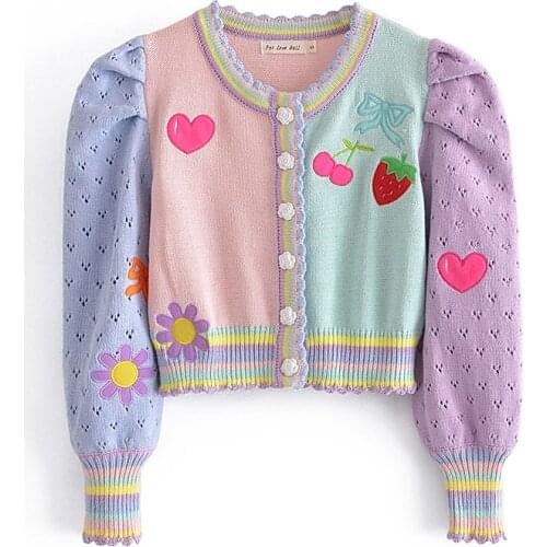 2021 Women High Quality Multicolor Round Neck Lantern Long Sleeve Sweater Coat Female Vintage Embroidery Sweet Cardigan Sweater