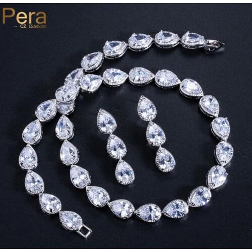 Pera Top Cubic Zirconia Bridal Jewelry Set Silver Color Big Pear Cut Connected Women Choker Necklace / Earrings For Wedding J207