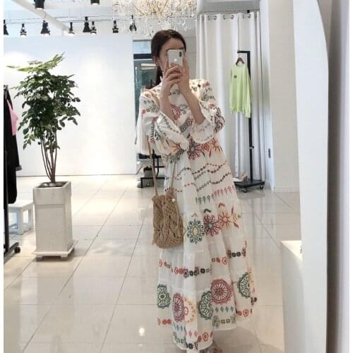 Bohemian national style new print big swing lantern sleeve long skirt fairy travel degree round neck waist waist dress