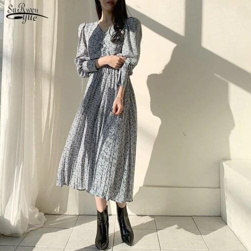 2021 Autumn All-Match Hot Stylish V-Neck Brief Casual Loose Long Dress 3 Colors Print Floral Pleated Slimming Women Dresses 9968