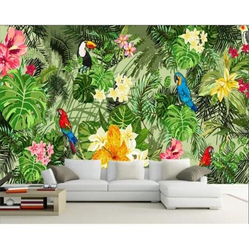 Beibehang Custom 3D wallpaper hand painted parrot tropical rain forest tropical plant background wall decoration 3d wall paper