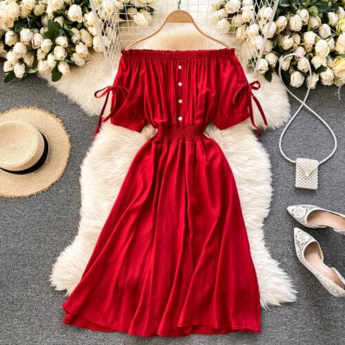 Boho Sexy Off shoulder Midi dress Summer elastic waist Party A-Line dress Women casual beach holiday knee length dress