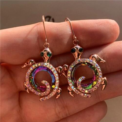 Boho Female Rainbow Zircon Drop Earrings Dainty Silver Color Wedding Earrings Charm Crystal Sea Turtle Dangle Earrings For Women