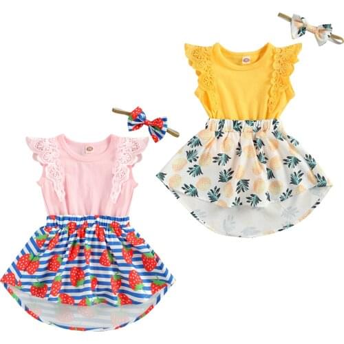 Citgeett Summer 0-18M Baby Girl 2Pcs Set Pineapple/Strawberry Print Lace Flared Short Sleeve Dress-Style Bodysuit+Headband
