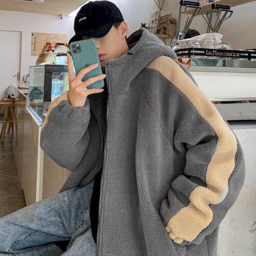 Hong Kong style cotton coat jacket lamb plush mens winter Korean version of the loose trend cotton coat male youth cotton coat