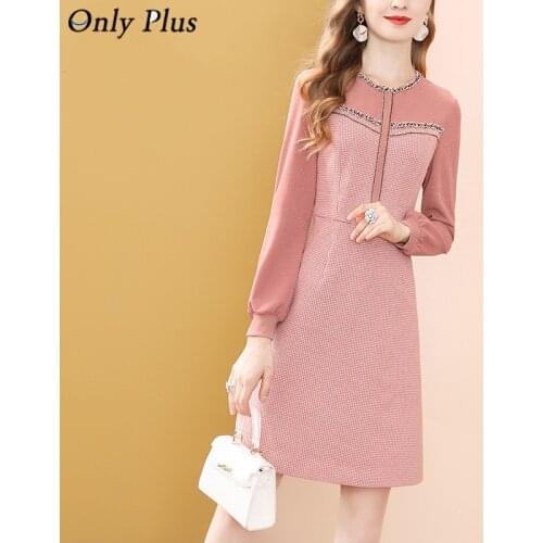 Only Plus Fashion Pink Long Sleeve Dress Winter High Waist Tweed French Women Party A-Line Dresses Knee Length Holiday Vestidos