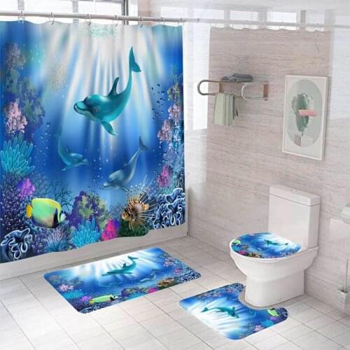 Dolphin Waterproof Bathroom Shower Curtain Set with 12 Hooks Toilet Seat Bath Mats Rugs Non-slip Carpet Toilet Covers Washable