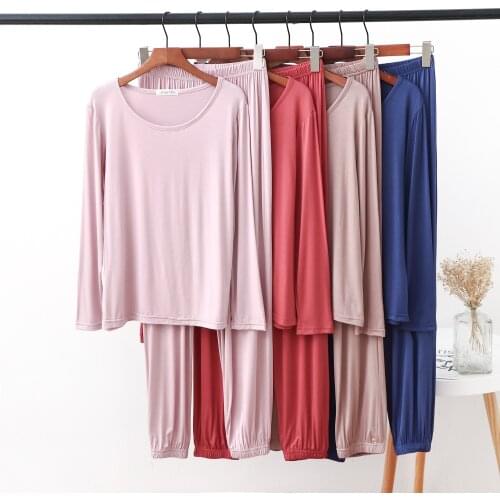 Modal pajamas suit womens spring thin section large size loose round neck thinner can be worn out casual long sleeve home servi