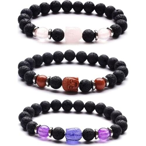 Druzy 6PC Carved Natural Stone Buddha Head Bracelet Stainless Steel Spacer Volcanic Stone Tiger Eye Stone Buddha Head Bracelet