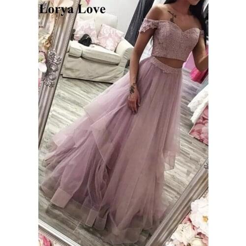 Pink Two Pieces Prom Dresses Off The Shoulder Long Evening Gowns For Women Formal Party Elegant Ruffles Graduation Dress 2020