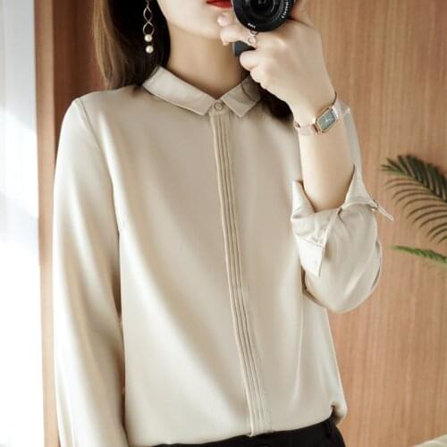 Heavy silk shirt womens long-sleeved 2021 new stand-up collar European stand slim fit black mulberry silk top