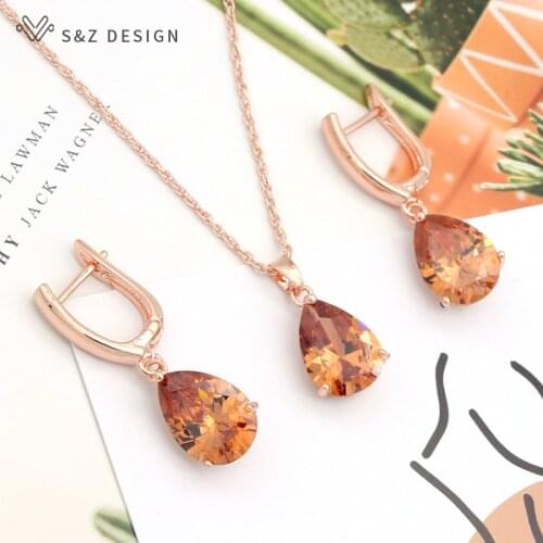 S&Z DESIGN Classic Water Drop Cubic Zirconia Dangle Earrings Jewelry Set For Women Wedding Party Rose Gold Pendant Necklace