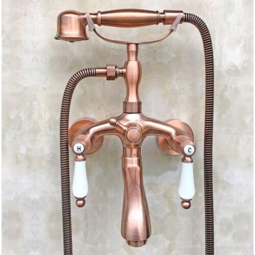 Claw Foot Tub Faucet Mixer Tap Set Telephone Style Handheld Shower Head Antique Red Copper Brass Dual Ceramics Lever atf805