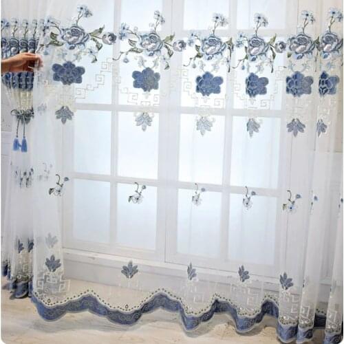 Embroidered Floral Sheer Curtains for Bedroom European Style Chenille Voile Villa Hall Sliding Door Window Treatment Drapes