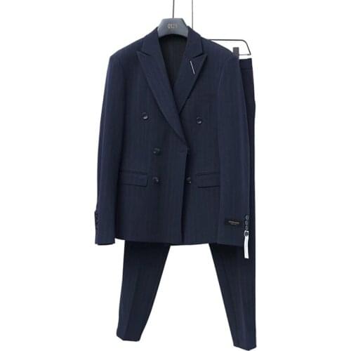 High Quality Masculino Men Suits Two Pcs (Blazer+Pants) Homme Office Business 2020 Navy Stripe Mens Suits Wear