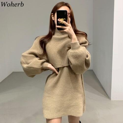 Woherb Two Piece Set Women Korean Chic Knitted Sweater Cape + Sleeveless Mini Dress 2021 Spring New 2 Pieces Outfits Mujer