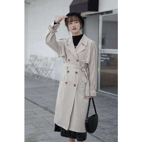 Womens Spring Jacket Casual Ladies Long Loose Overcoat with Belt Office Ladies Fashion Double-breasted Trench Coat Femme