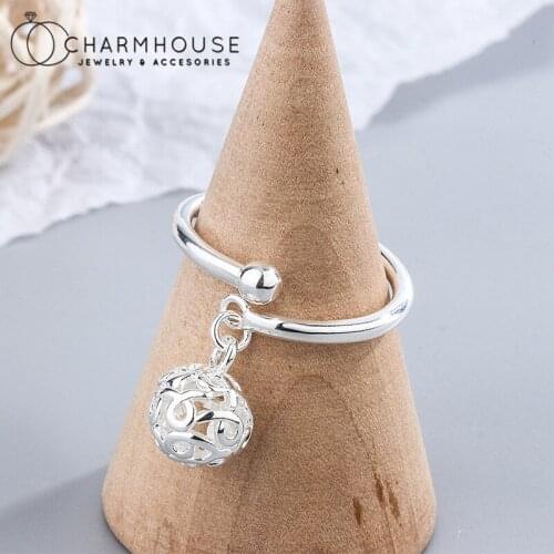 Pure Silver Finger Rings For Women Hollow Ball Ring Adjustable Anillo Bague Femme Korea Jewelry Accessories Bijoux Party Gifts