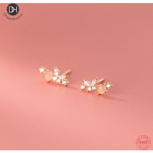 Dreamhonor Promised 925 Sterling Silver Zircon Pink Opal Stone Butterfly Shape Stud Earrings For Women Wedding Jewelry