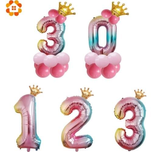 1set 32inch Rainbow Number Foil Digit Air Balloons Crown For Kid Boys Girls Happy Birthday Balloon Party Baby Shower Decoration