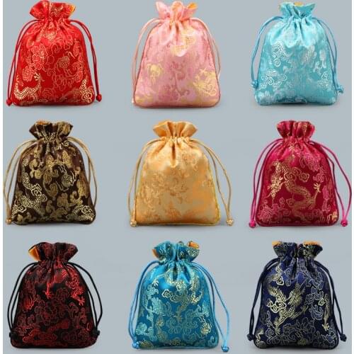 Chinese Dragon Silk Brocade Pouch Small Drawstring Christmas Bags Candy Gift Bag Jewelry Packaging Bags with lined 10pcs