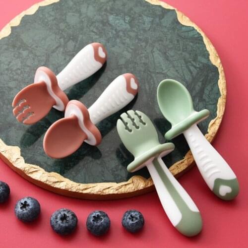 2Pcs/Set Baby Training Soft Head Spoon and Fork Short Handle Kids Spoon Fork Set BPA Free Baby Spoons