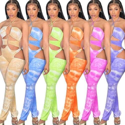 2021 Tie Dye Print Summer Women Sleeveless Jumpsuit Strapless Halter Hollow Out One Piece Overalls Nightclub Party Bodycon S-XXL