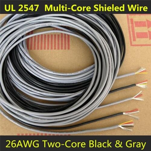 26AWG 2Cores Multicores Shielded Wires Tinned Copper Controlled Cable Headphone UL2547 Black & Gray color 1/5/20/50 Meters