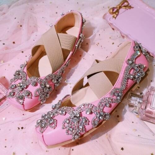 Ballet Flats Shoes Woman Handmade Diamond Inlaid Flat Bottomed Comfortable Square Toe Ballet Womens Single Shoes Girl Elastic