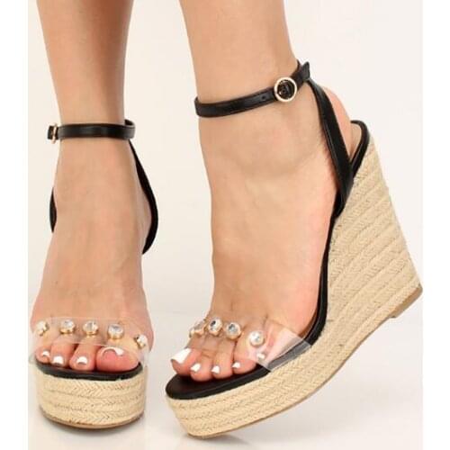 Carpaton Sexy PVC Patchwork Platform Wedge Sandal for Woman Crystal Embellished Ankle Strap Party Dress Shoe Rope Braided Sandal