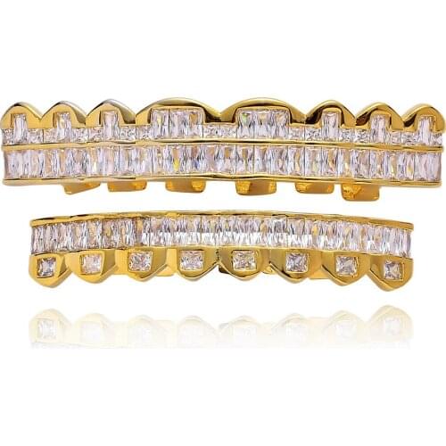 Hip Hop GRILLZ Iced Out AAA Zircon Fang Mouth Teeth Grillz Caps Top & Bottom Grill Set Men Women Vampire Grills Dental Grills